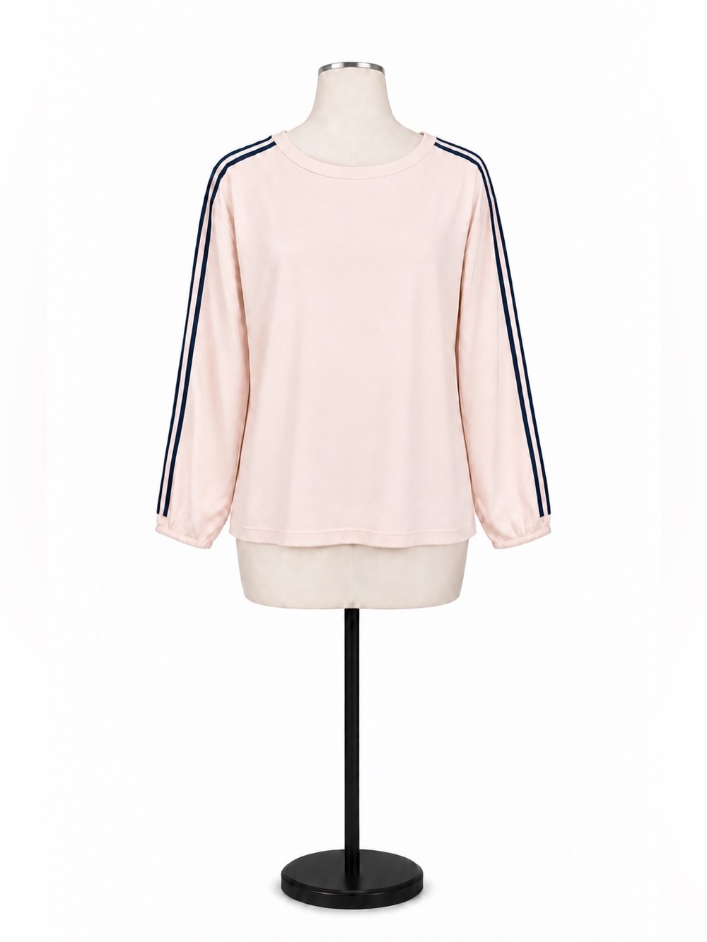 J.Crew Light Pink Long Sleeve Pullover Blouse with Navy Sleeve Stripes, Size 12